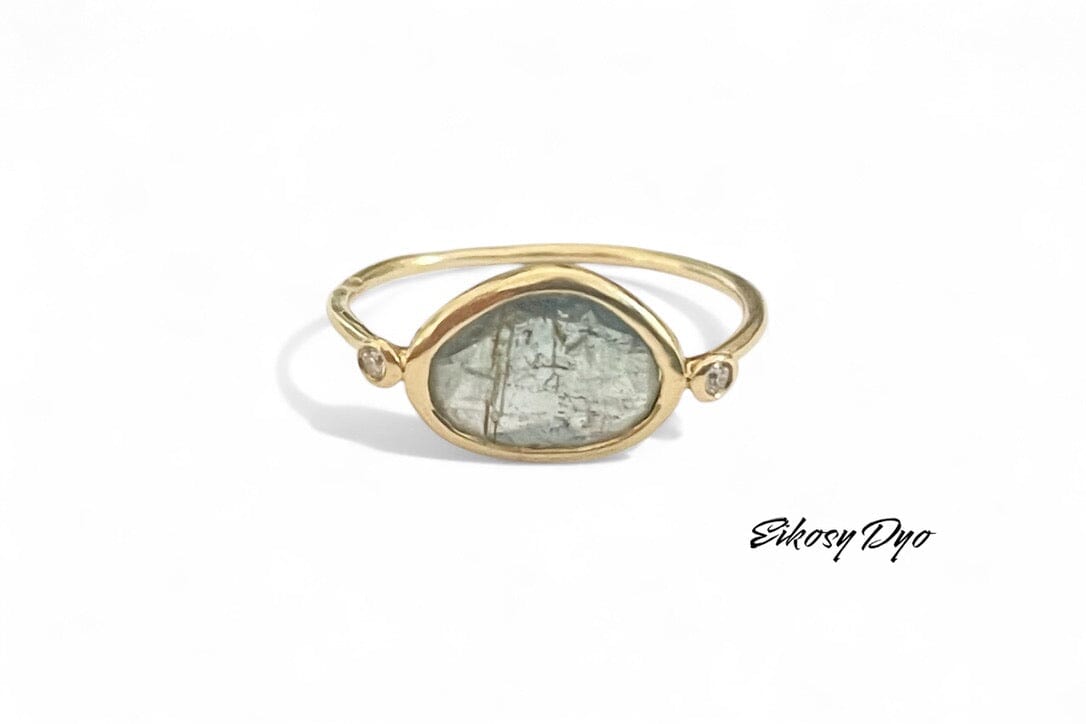 EIKOSY DYO "Thetis" ring aqua tourmaline/diamond in 14K yellow gold